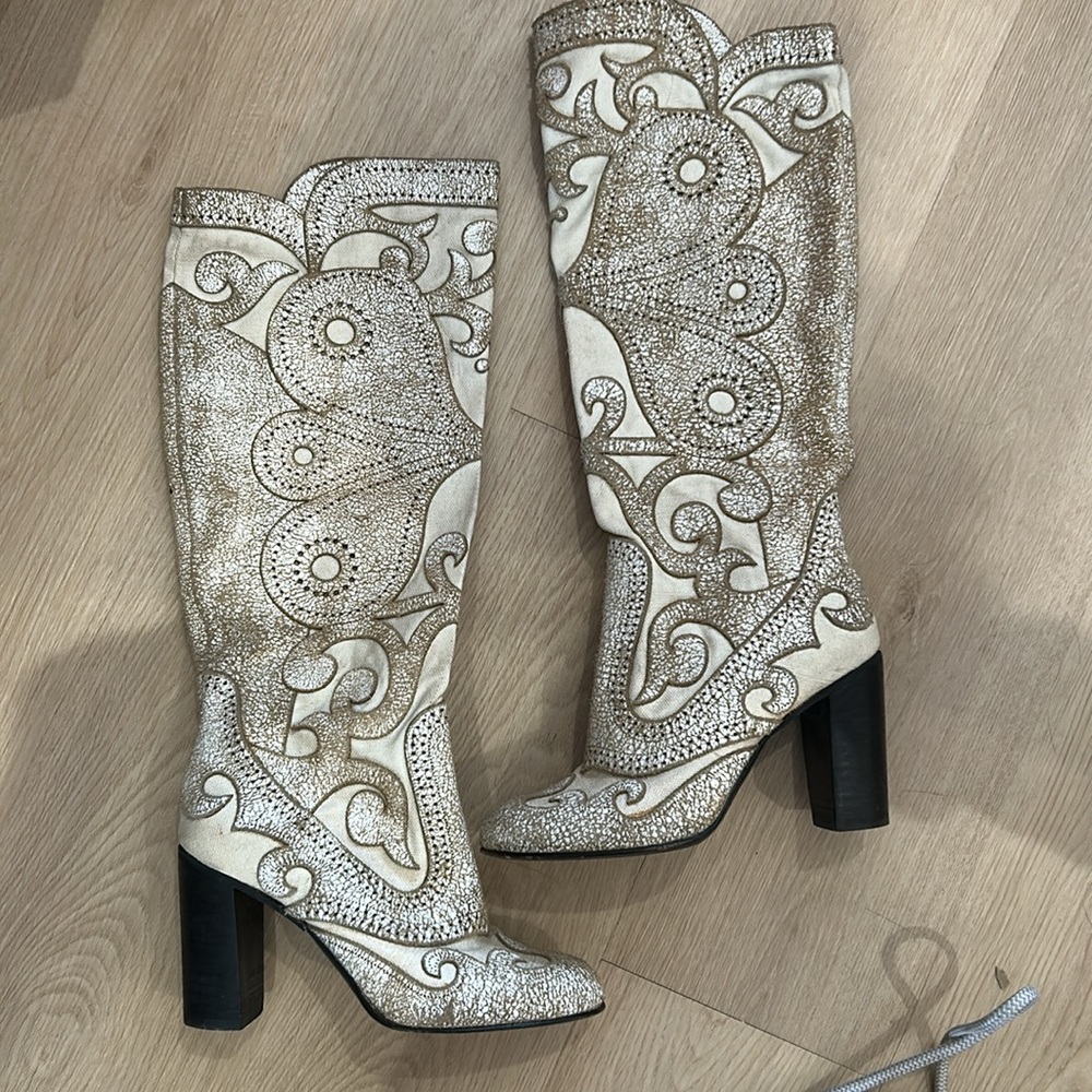 Anna Sui - Butterfly Boots - size 39 - ivory/ cream with tan/gold accents